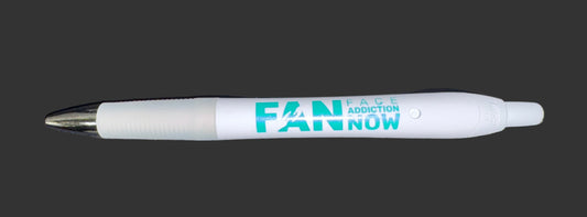 White pen with 'FAN' logo on a gray textured background
